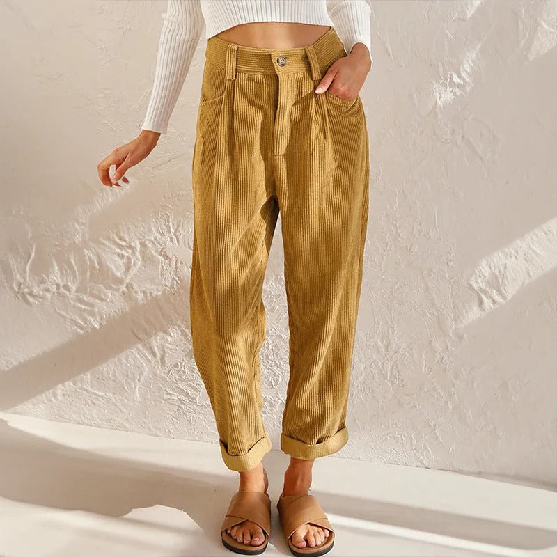 Belro casual corduroy pants for women, stylish and comfortable, shown in a natural pose with a relaxed fit and rich texture.