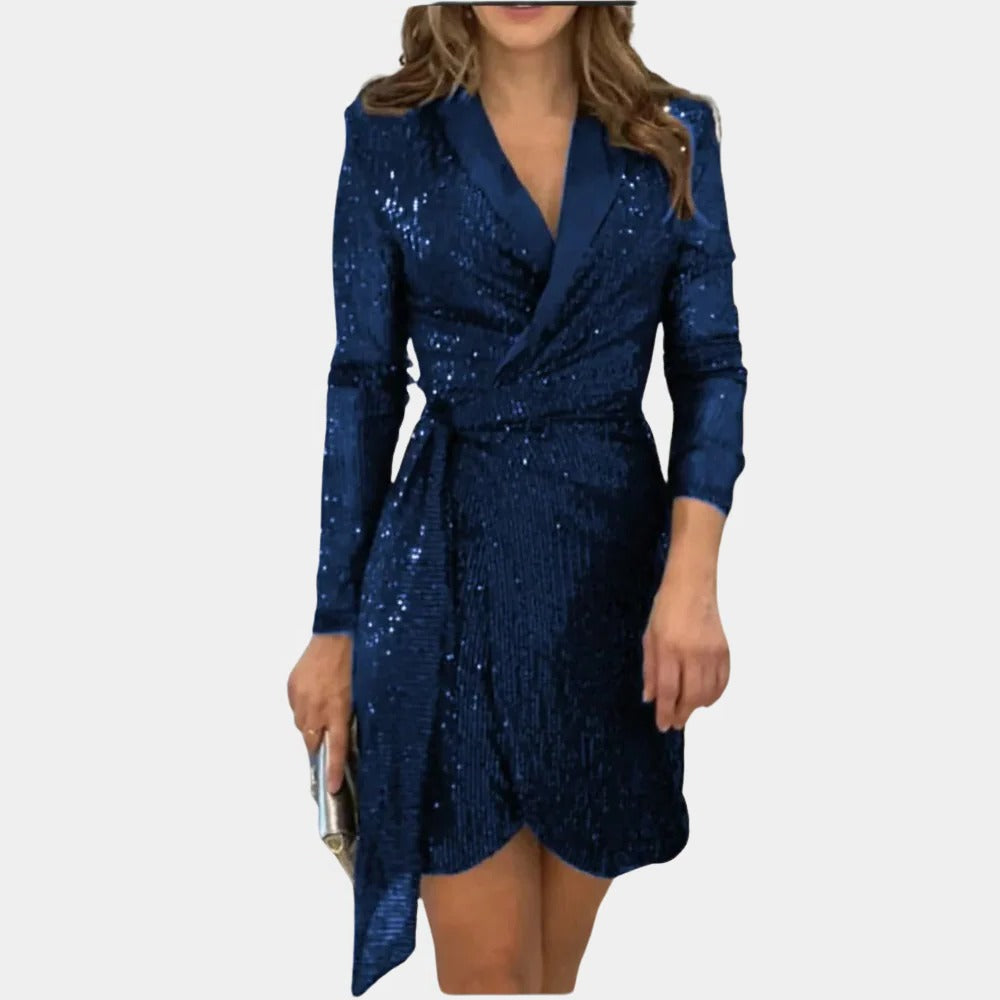 Elegant ladies blazer dress with belt by Belro, showing a fitted black blazer dress with a stylish belt and tailored design.