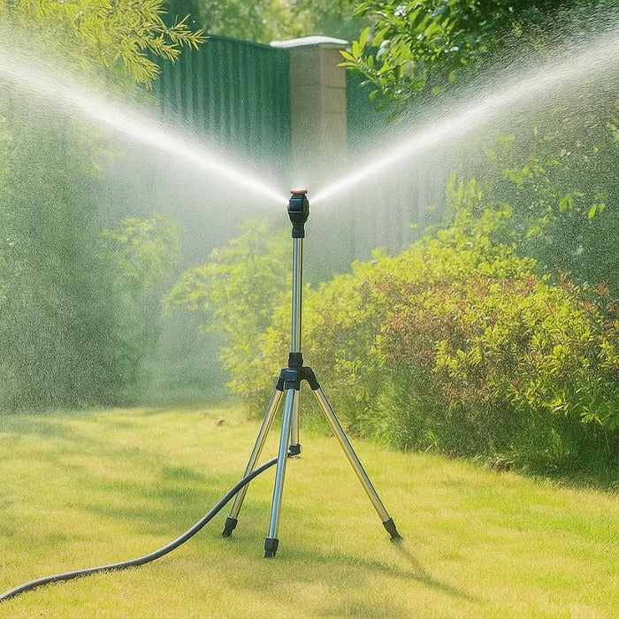 Belro high-pressure rotating tripod sprinkler set up in a garden, watering grass with adjustable spray pattern and coverage area.