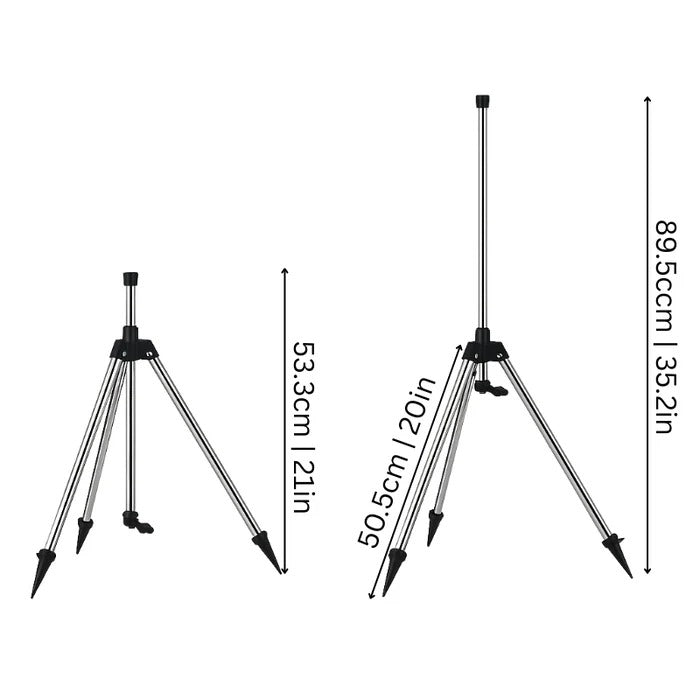 Belro high-pressure rotating tripod sprinkler for outdoor gardening, showing adjustable spray head and sturdy tripod base.
