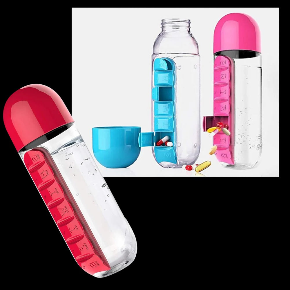 Belro water bottle with built-in pill holder, clear reusable tumbler for hydration and medication storage in kitchen or on the go