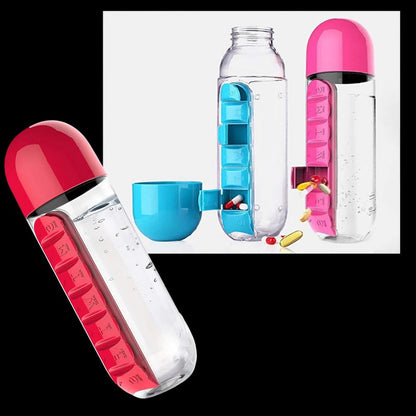 Belro water bottle with built-in pill holder, clear reusable tumbler for hydration and medication storage in kitchen or on the go