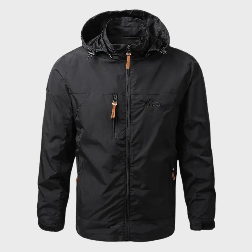 Men's waterproof rain jacket by Belro, lightweight outdoor clothing with hood and adjustable cuffs, ideal for wet weather.