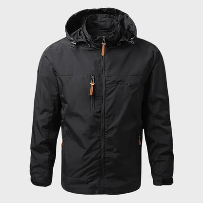 Men's waterproof rain jacket by Belro, lightweight outdoor clothing with hood and adjustable cuffs, ideal for wet weather.