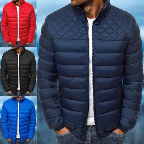 Men's Belro waterproof and windproof quilted jacket with a front zipper, standing collar, and padded design for outdoor protection.
