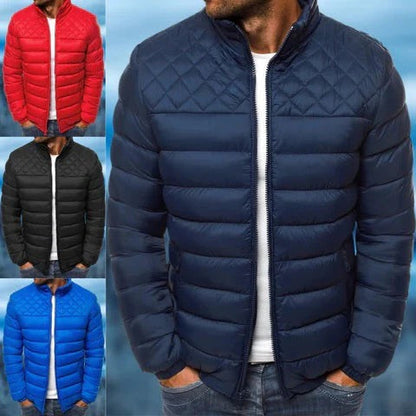 Men's Belro waterproof and windproof quilted jacket with a front zipper, standing collar, and padded design for outdoor protection.