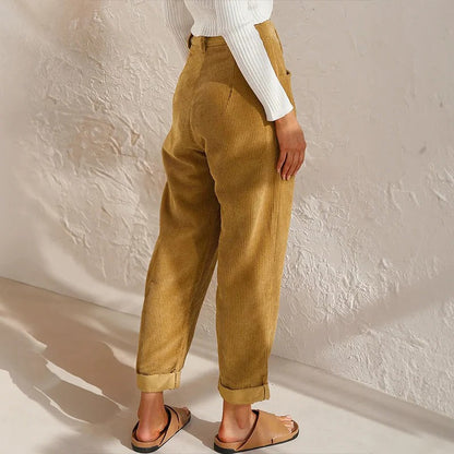 Belro casual corduroy pants for women, stylish and comfortable, shown in a relaxed fit with a front pocket design.