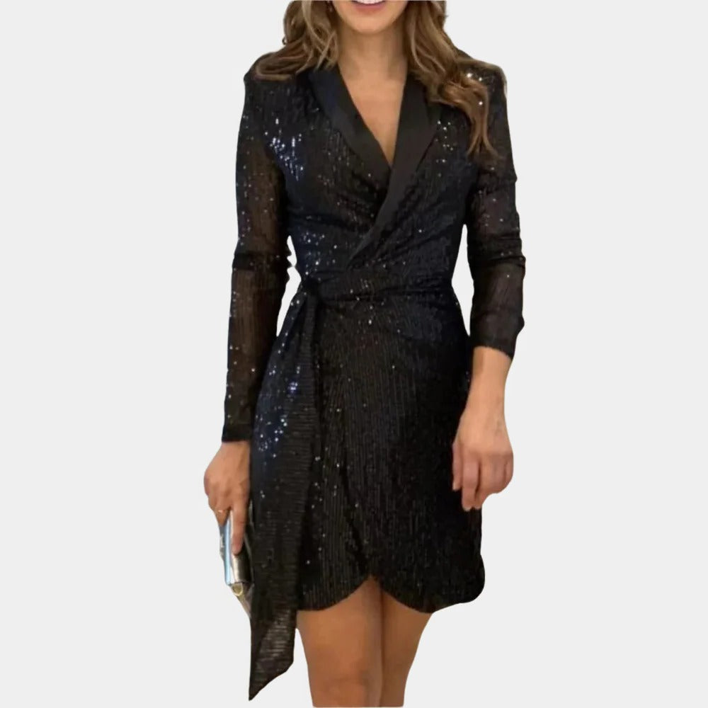 Elegant ladies blazer dress with belt by Belro, displaying a tailored black blazer dress with a stylish waist belt and fitted design.
