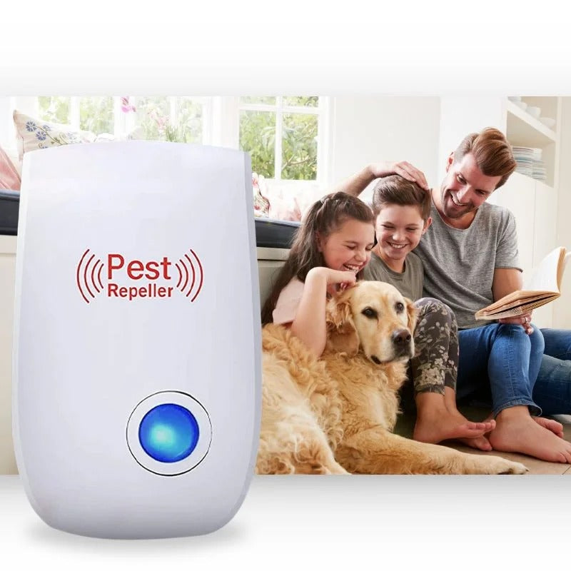 Belro ultrasonic fly repeller for home and garden, showing device with LED indicator and pest control features in outdoor setting.