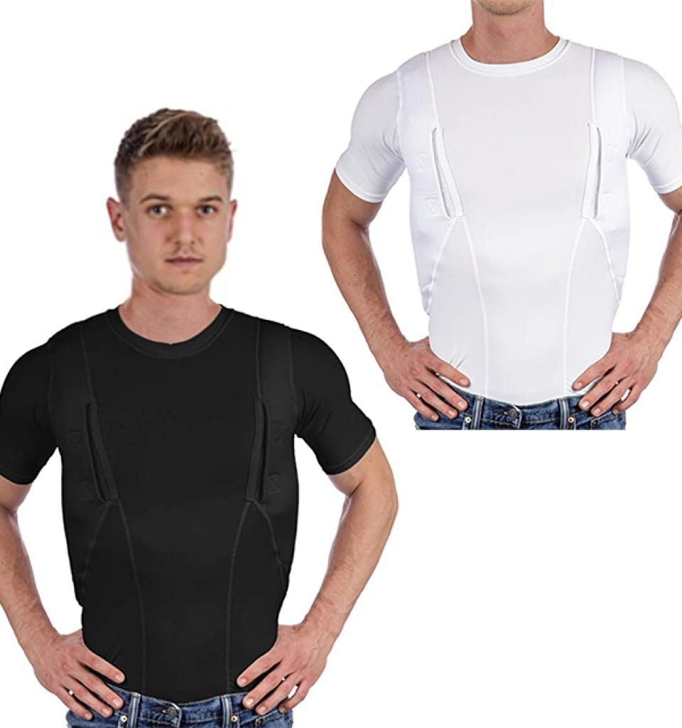 Belro men's and women's concealed leather holster T-shirt, automotive style with discreet pocket for secure carry, shown on model.