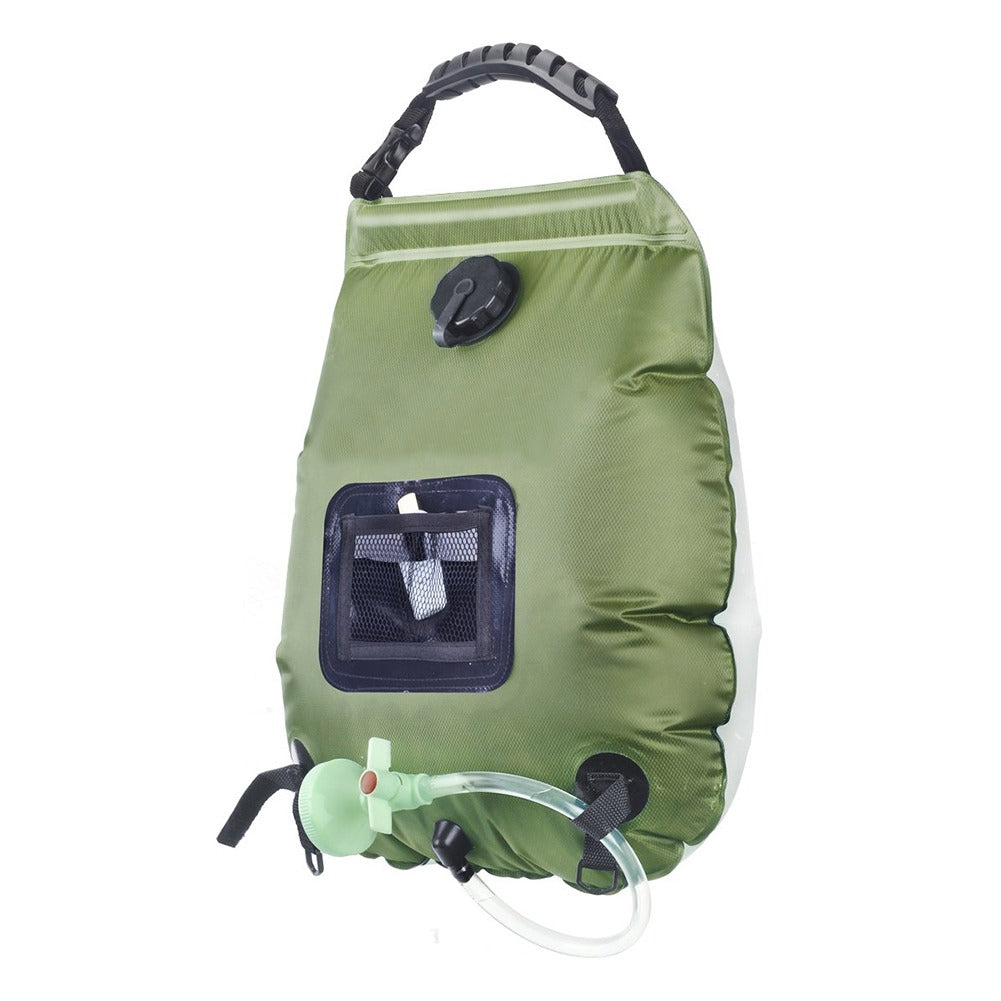 Belro outdoor shower water bag hanging outdoors, flexible and portable for garden or camping use.