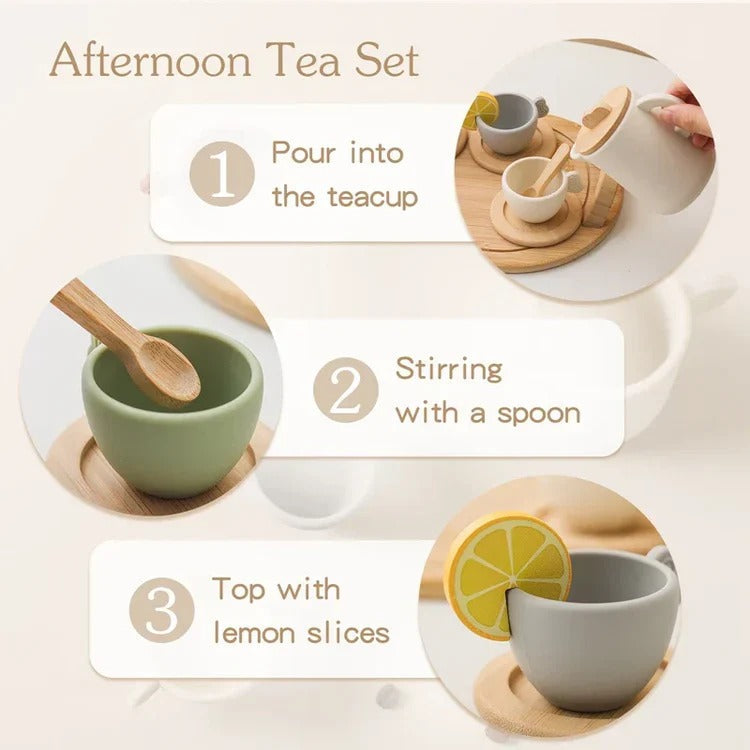 Children’s pretend afternoon tea set with tray by Belro, includes toy teapot, cups, and food items for imaginative play.
