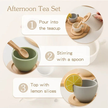 Children’s pretend afternoon tea set with tray by Belro, includes toy teapot, cups, and food items for imaginative play.