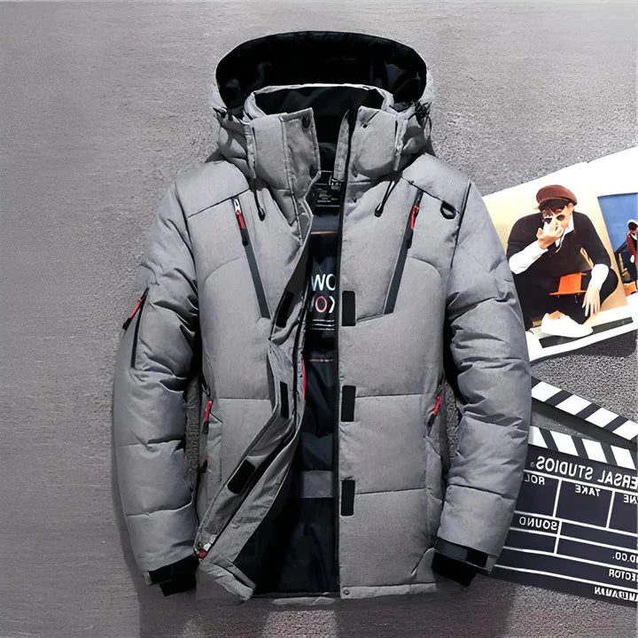 Belro luxurious down jacket in black, insulated outerwear with a hood, showcasing a sleek and stylish winter coat.