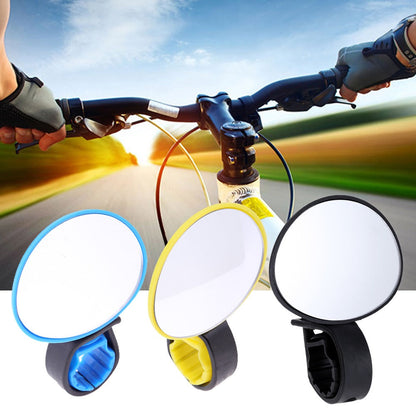 Belro bicycle handlebar mirror mounted on a bike handlebar, outdoor setting, showcasing reflective glass and adjustable arm.