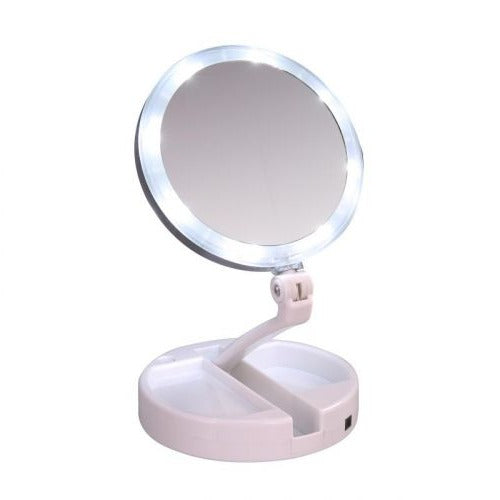 Belro LED folding vanity mirror with adjustable angles, framed in sleek design, perfect for makeup and beauty routines.