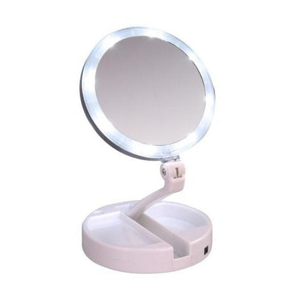 Belro LED folding vanity mirror with adjustable angles, framed in sleek design, perfect for makeup and beauty routines.