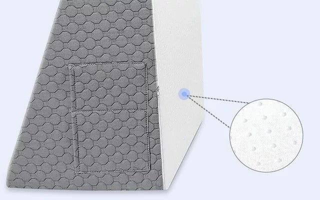 Belro Triangle Memory Foam Wedge Pillow for sleeping, showing its firm, supportive design and soft fabric cover in natural lighting.