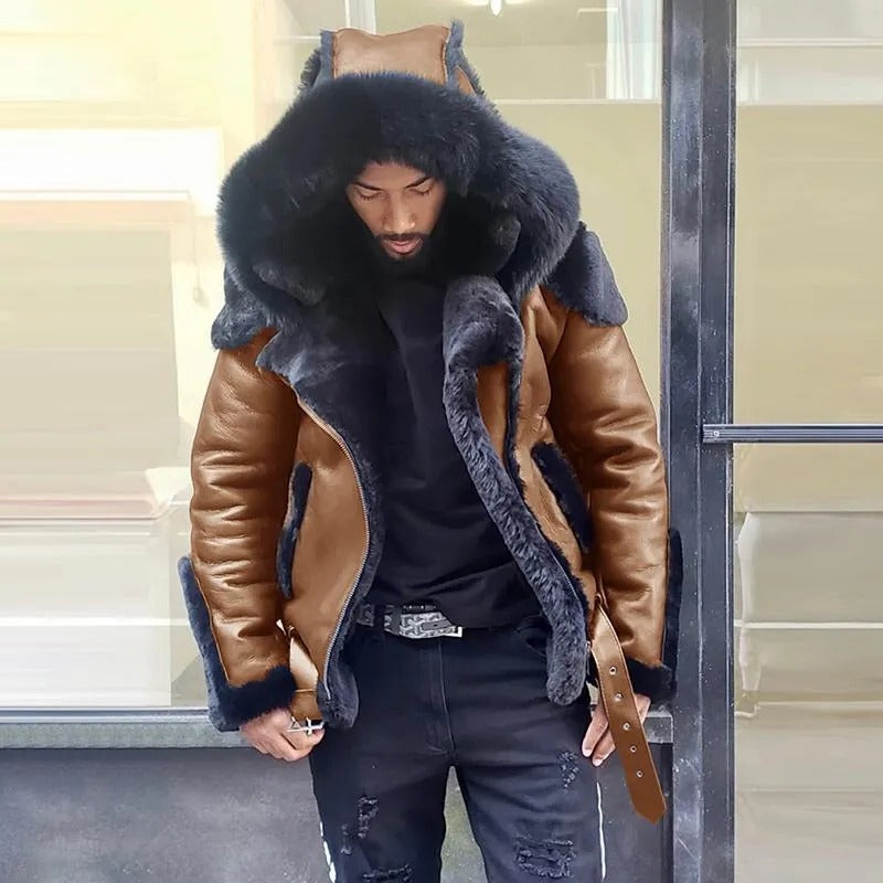 Belro sheepskin leather motorcycle jacket with fur-lined hood, designed for men, ideal for winter riding and cold weather protection.