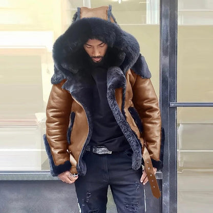 Belro sheepskin leather motorcycle jacket with fur-lined hood, designed for men, ideal for winter riding and cold weather protection.
