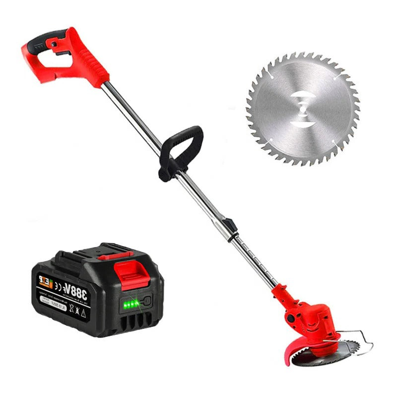 Belro cordless electric grass trimmer in action, showcasing its powerful battery-operated design for outdoor lawn trimming.
