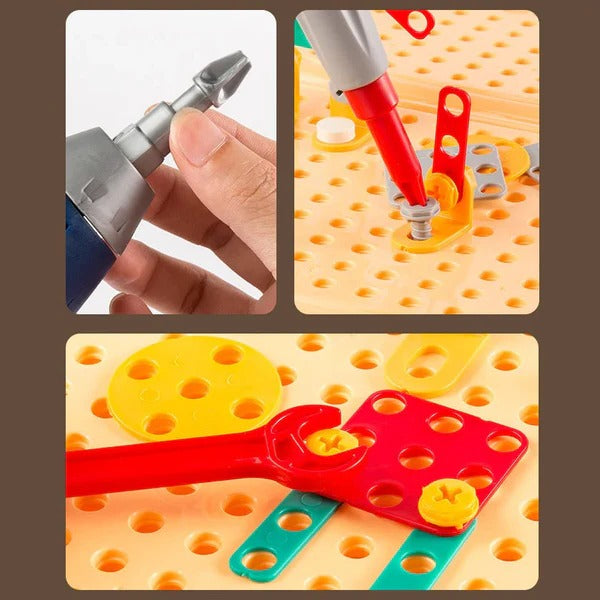 Children's electric drill puzzle toy with colorful toolbox and tools, designed for kids' pretend play and learning about tools.