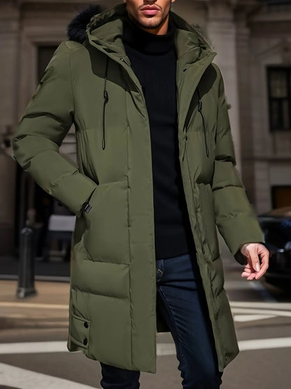 Men's long winter jacket by Belro, waterproof and warm, with a hood, full-length front zipper, and insulated design.