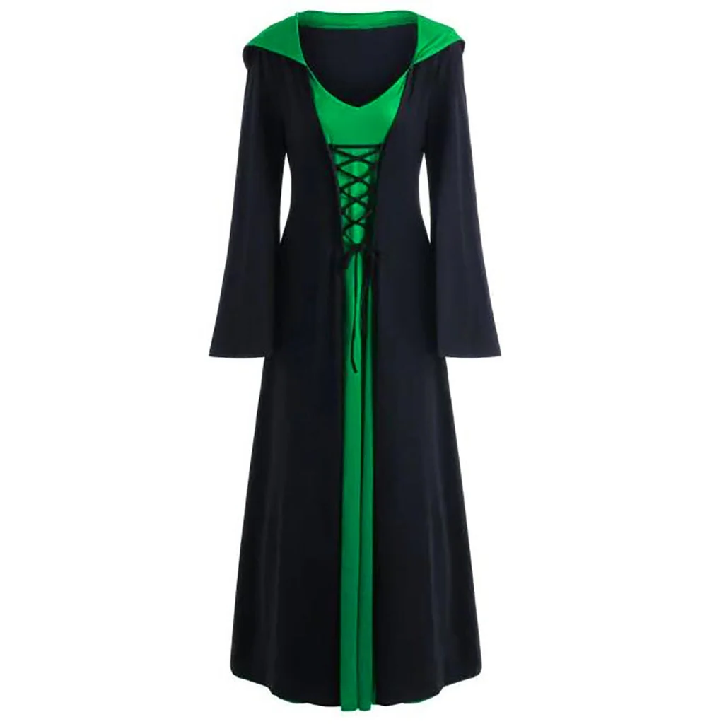Belro medieval vampire witch dress for women with lace-up hooded cloak and robe, Gothic-inspired costume clothing.