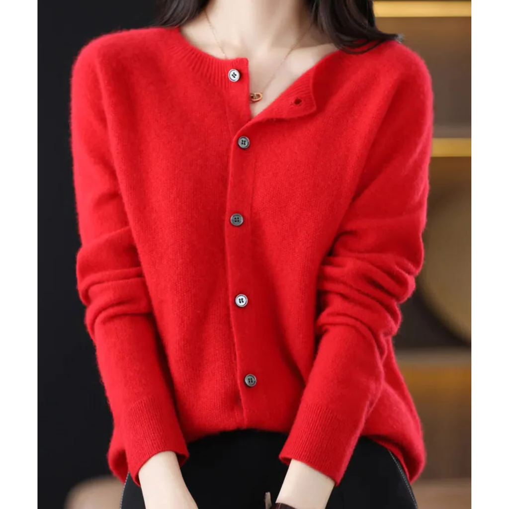Women's Belro round neck cardigan sweater, featuring a classic design with button closure and soft knit fabric.