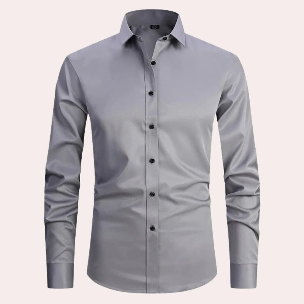 Men's Belro stretch shirt in light blue, tailored fit, with button-down collar and long sleeves, made from comfortable, flexible fabric.