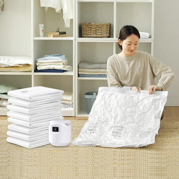 Belro durable electric vacuum compression bag for storage, showing the bag partially compressed with clothing inside.