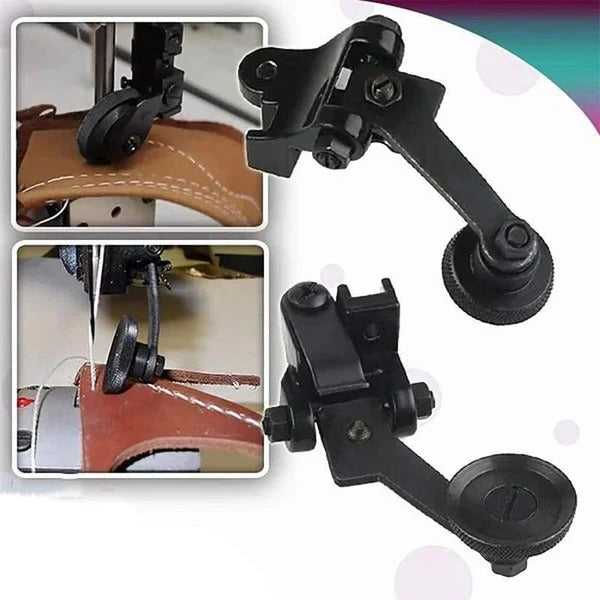Belro leather roller presser foot for men's clothing, showing the metal and leather components used in fabric sewing tools.