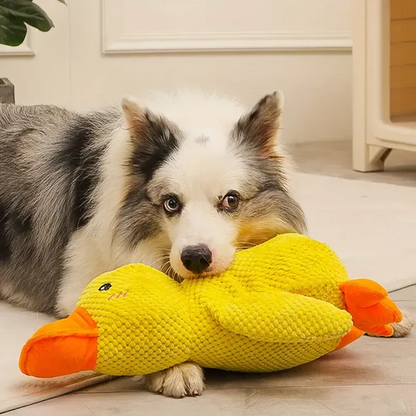Belro Calming Duck dog toy with soft fabric and squeaker, designed for dogs to chew and comfort during playtime.