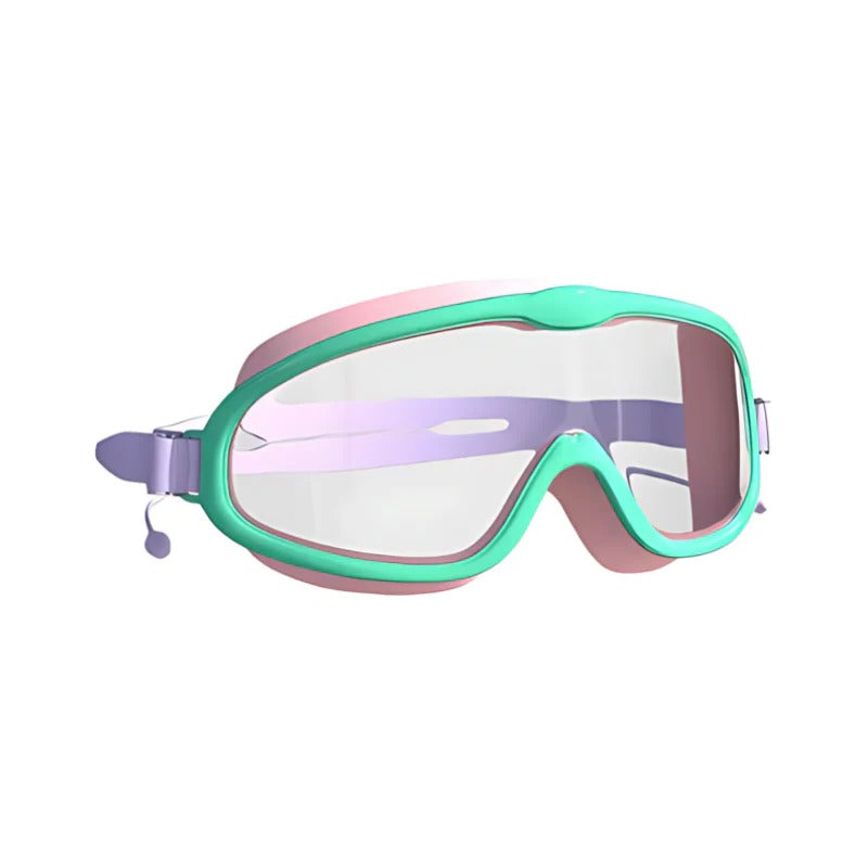 Kids swim goggles with anti-fog lenses and wide view from Belro, shown with clear, adjustable straps and lens detail.