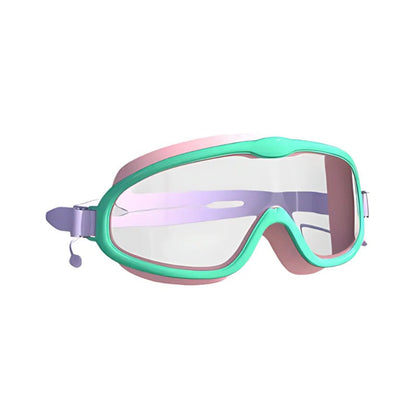 Kids swim goggles with anti-fog lenses and wide view from Belro, shown with clear, adjustable straps and lens detail.
