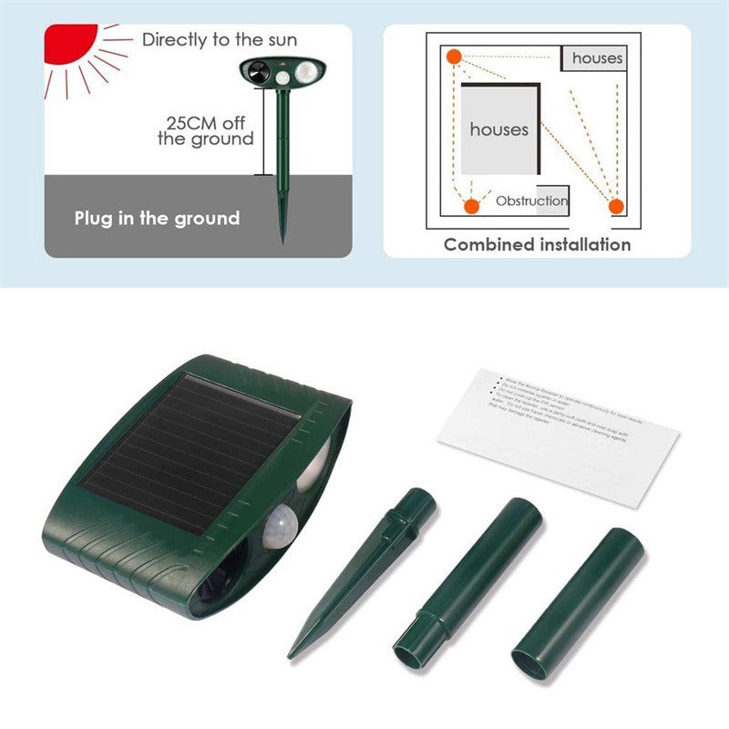 Belro solar-powered ultrasonic animal repellent in outdoor garden setting, designed for pest control against unwanted animals