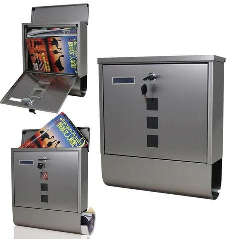 Large heavy-duty Belro wall-mounted vertical metal mailbox with lock for home and garden, showcasing secure front door and mailbox slot.