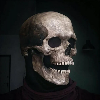 Belro Movable Jaw Realistic Full Head Skull Mask showing human skeleton face, perfect for Halloween costumes and parties.