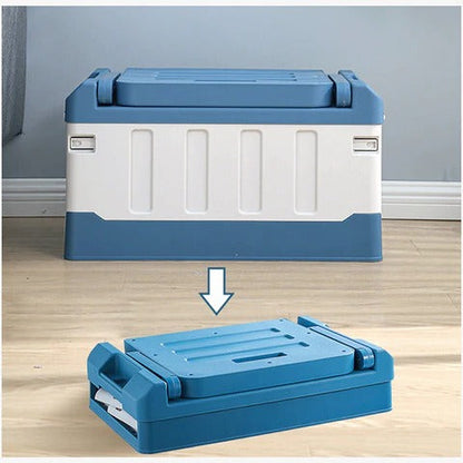 Belro collapsible trunk storage bin with seat, indoor/outdoor ottoman in neutral fabric, open lid showing spacious interior.