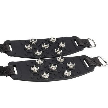Belro adjustable snow and ice cleats attached to shoes for improved traction on icy outdoor surfaces.