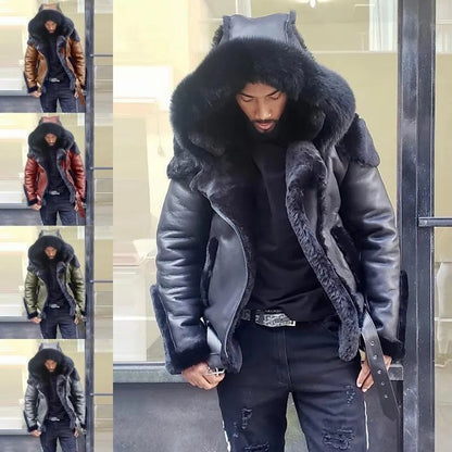 Belro sheepskin leather motorcycle jacket with fur hood, men's winter coat, warm and stylish for cold weather riding.