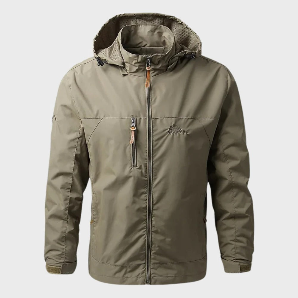 Men's Belro waterproof jacket, lightweight rain jacket with hood, durable outdoor clothing for wet weather conditions.
