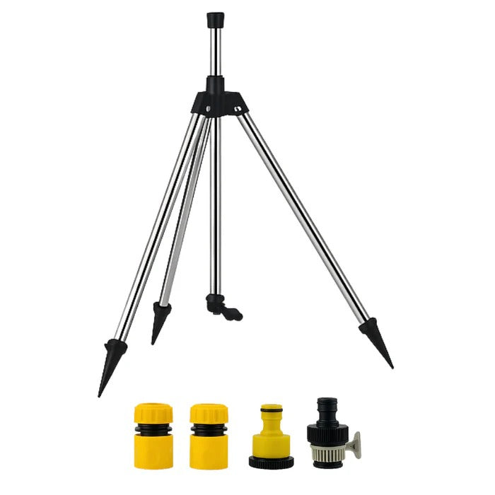 Belro high-pressure rotating tripod sprinkler set up outdoors, watering garden with adjustable spray pattern