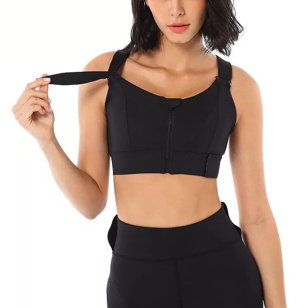 Belro high support sports bra in black, featuring wide straps and moisture-wicking fabric for activewear and high-impact workouts.