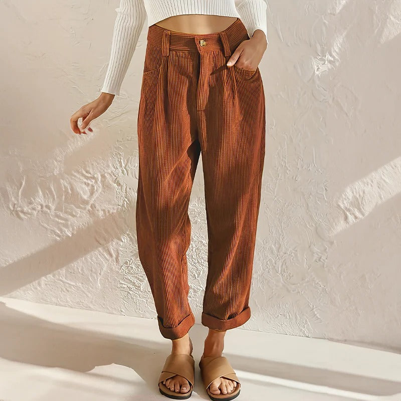 Belro women's casual corduroy pants, soft fabric, relaxed fit, shown in a neutral color on a model.
