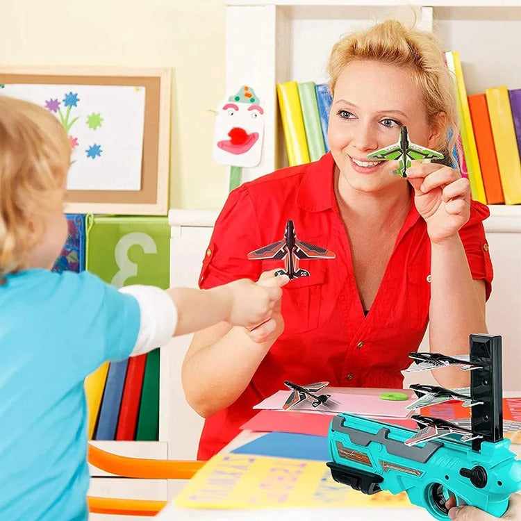 Belro SkyGlider aircraft launcher toy with colorful plastic planes and a launcher for kids' outdoor play.
