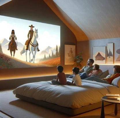 Mini Belro movie projector showing a colorful image on a wall, compact electronics device for home entertainment.