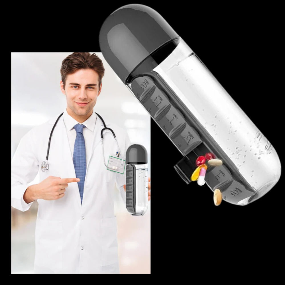 Belro water bottle with built-in pill holder, stainless steel body, and screw-on lid for convenient hydration and medication storage.