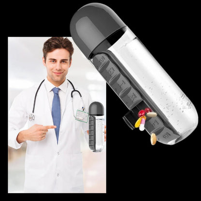 Belro water bottle with built-in pill holder, stainless steel body, and screw-on lid for convenient hydration and medication storage.
