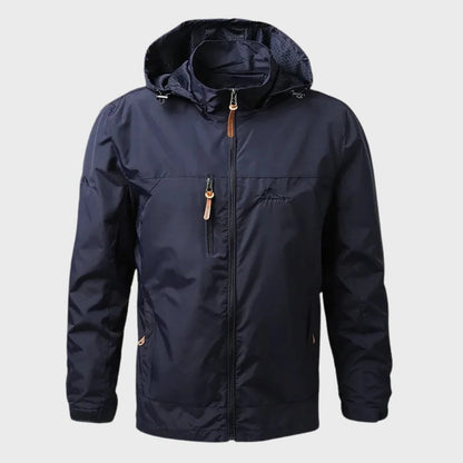 Men's waterproof Belro rain jacket featuring a hood, front zipper, and adjustable cuffs for outdoor weather protection.